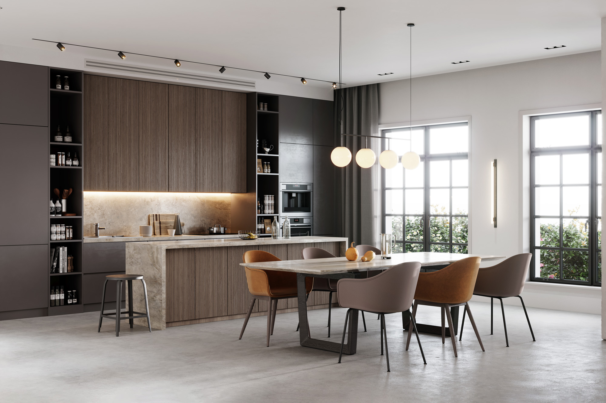 3D-rendering av en köksdel och matplats i vardagsrummet. Stora och lyxiga interiörer i ett vardagsrum med intilliggande kök och matbord.